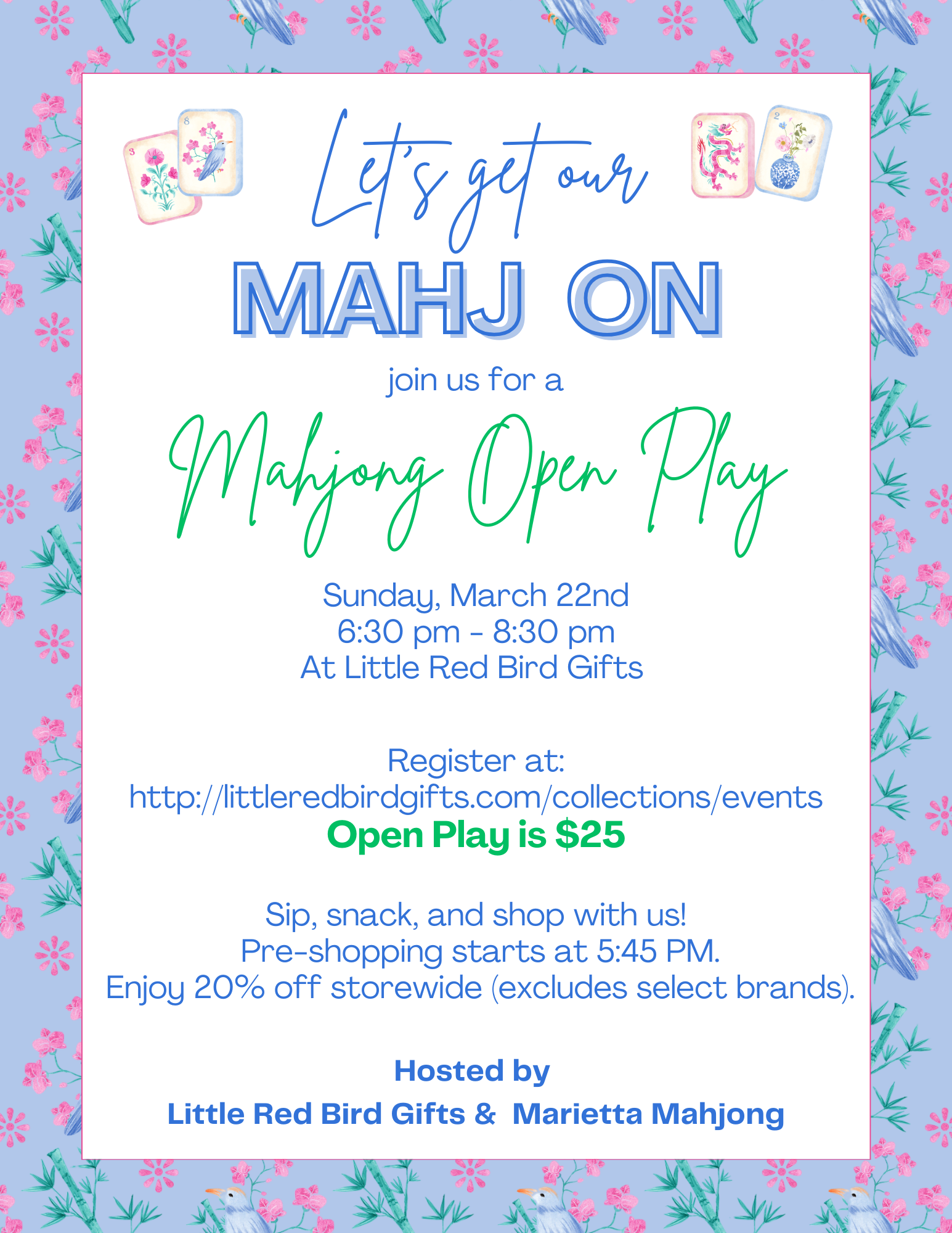 Invitation to a Mahjong Open Play event with decorative elements on a light blue background.