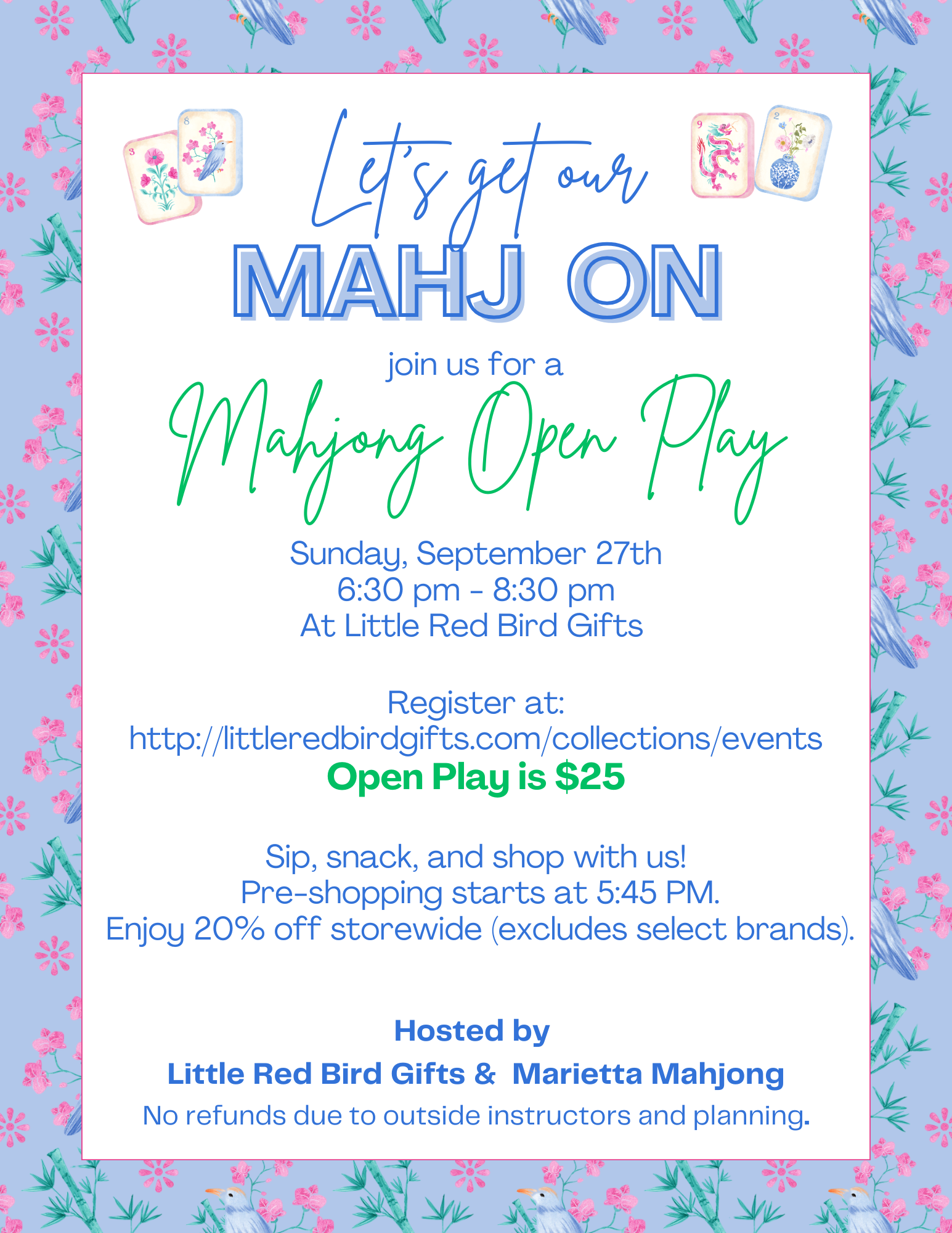 Mahjong Open Play - Sunday, September 27th