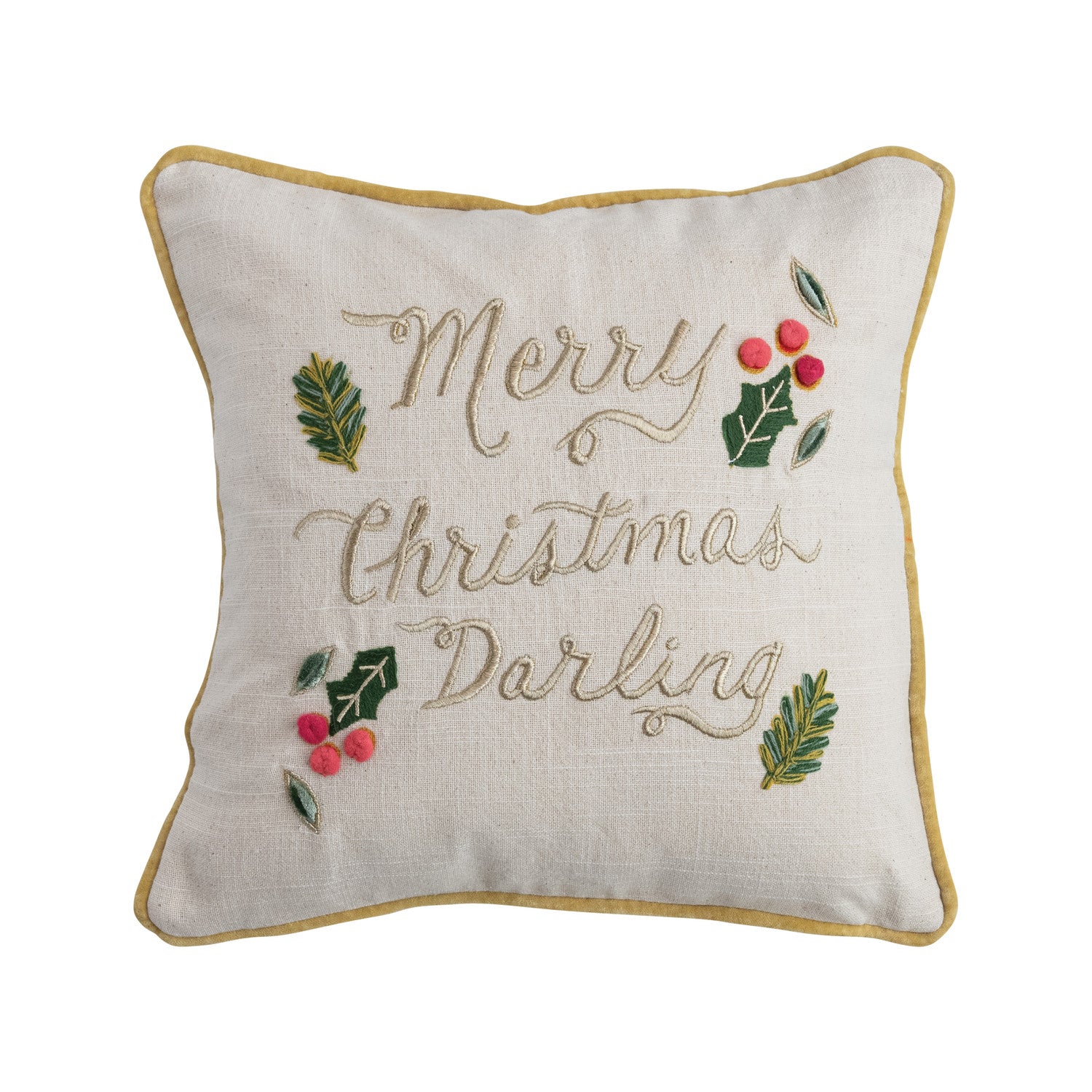 A square throw pillow with 'Merry Christmas Darling' embroidered on it, surrounded by holly and berries, with a beige background and a yellow border.