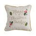 A square throw pillow with 'Merry Christmas Darling' embroidered on it, surrounded by holly and berries, with a beige background and a yellow border.