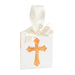 A gold acrylic ornament in the shape of a cross, attached to a white ribbon that is looped and tied in a bow at the top.