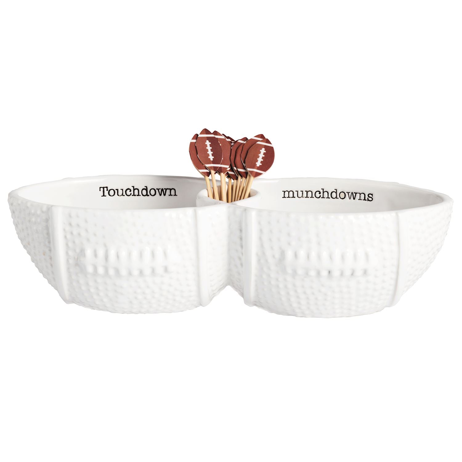 A white ceramic football-shaped toothpick server set with two bowls and a set of toothpicks decorated with a football design.