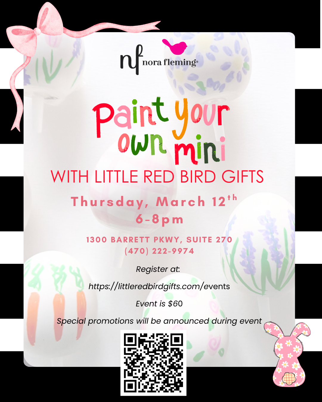 Promotional flyer for 'Paint Your Own Mini' event with Little Red Bird Gifts on a black and white striped background.