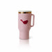 Pink travel mug with a red bird design on a white background