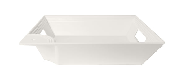 White rectangular tray with handles on a white background