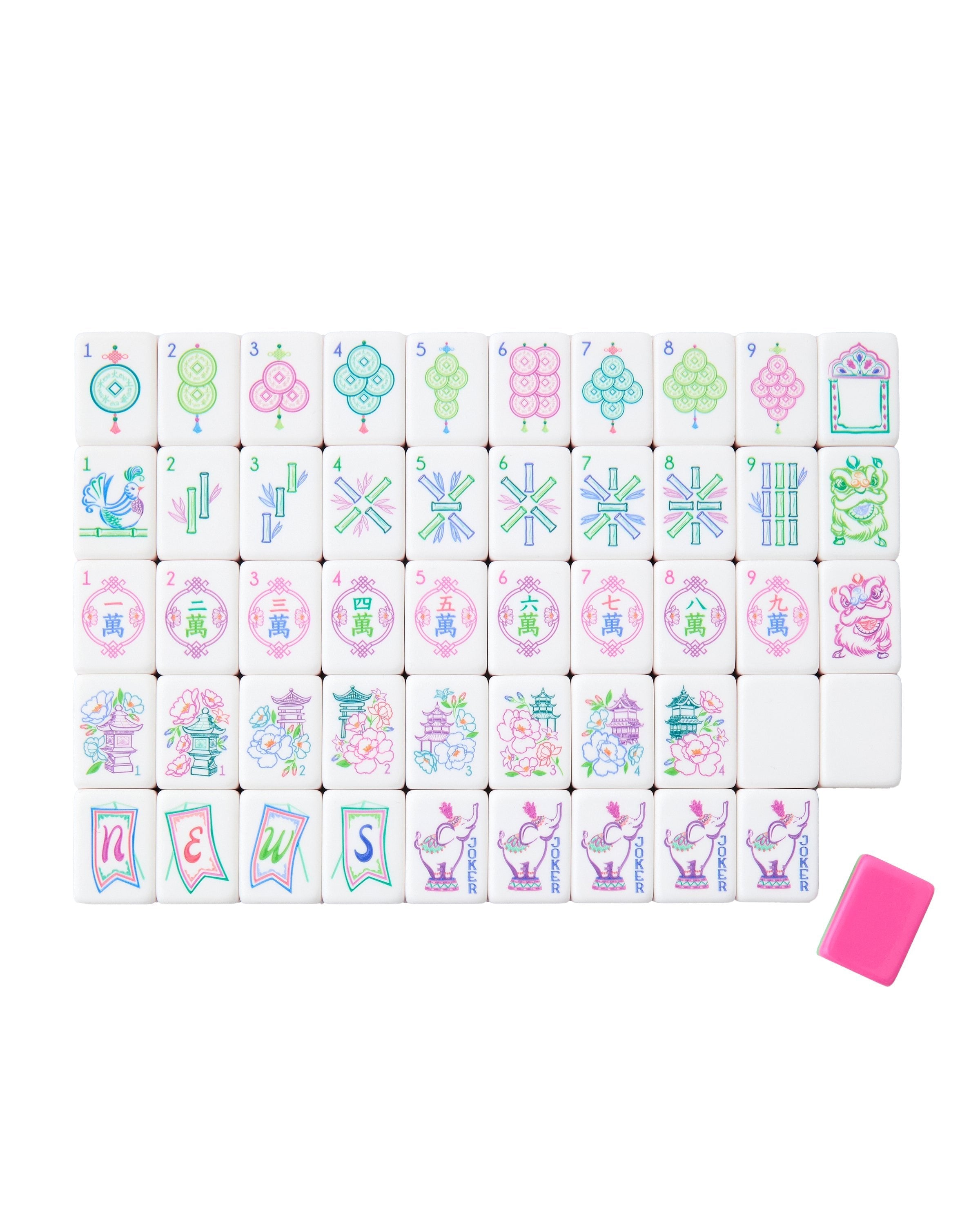 Set of colorful miniature tiles with various designs on a white background