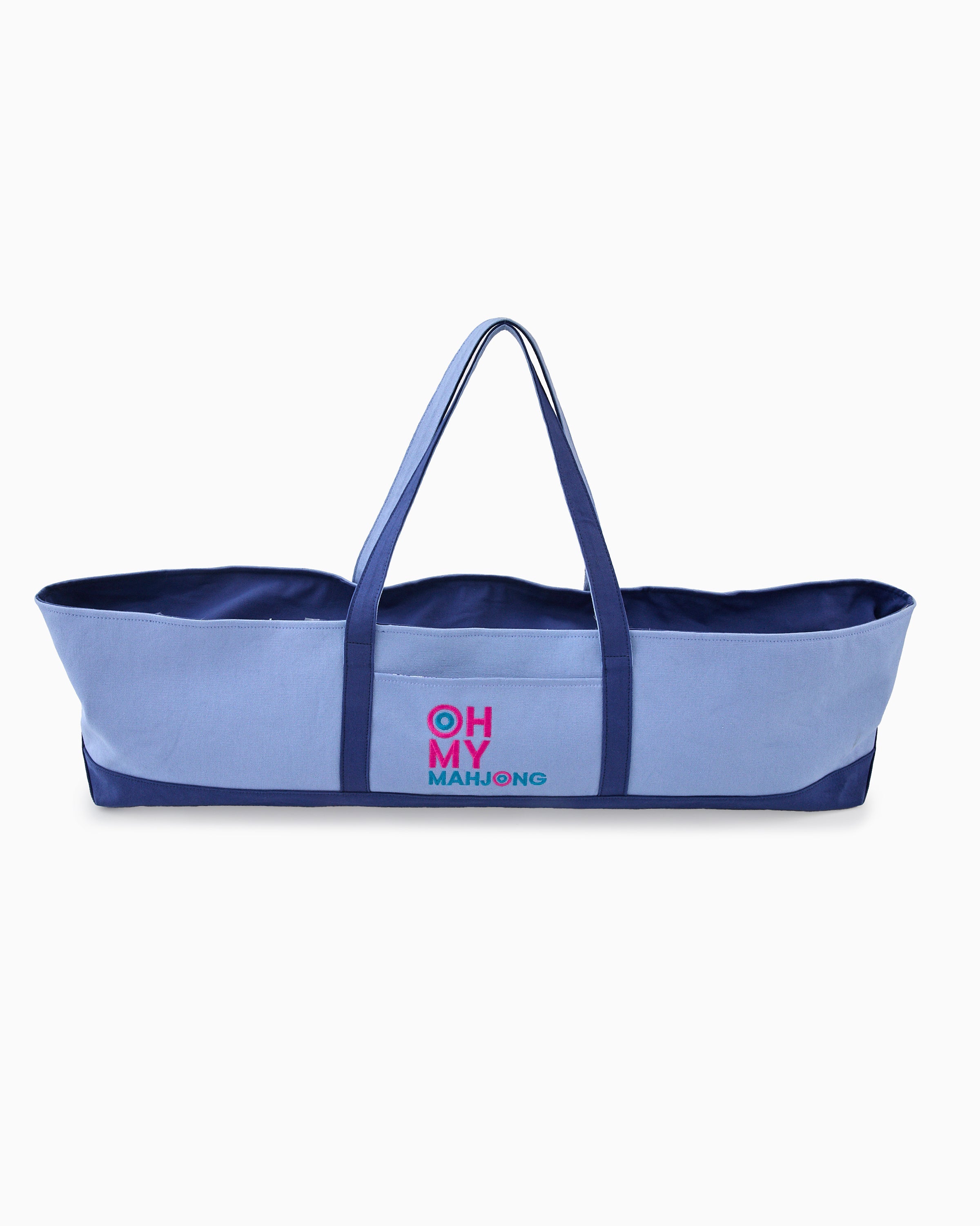 Blue baby carrier with 'Oh My Mahjong branding on a white background