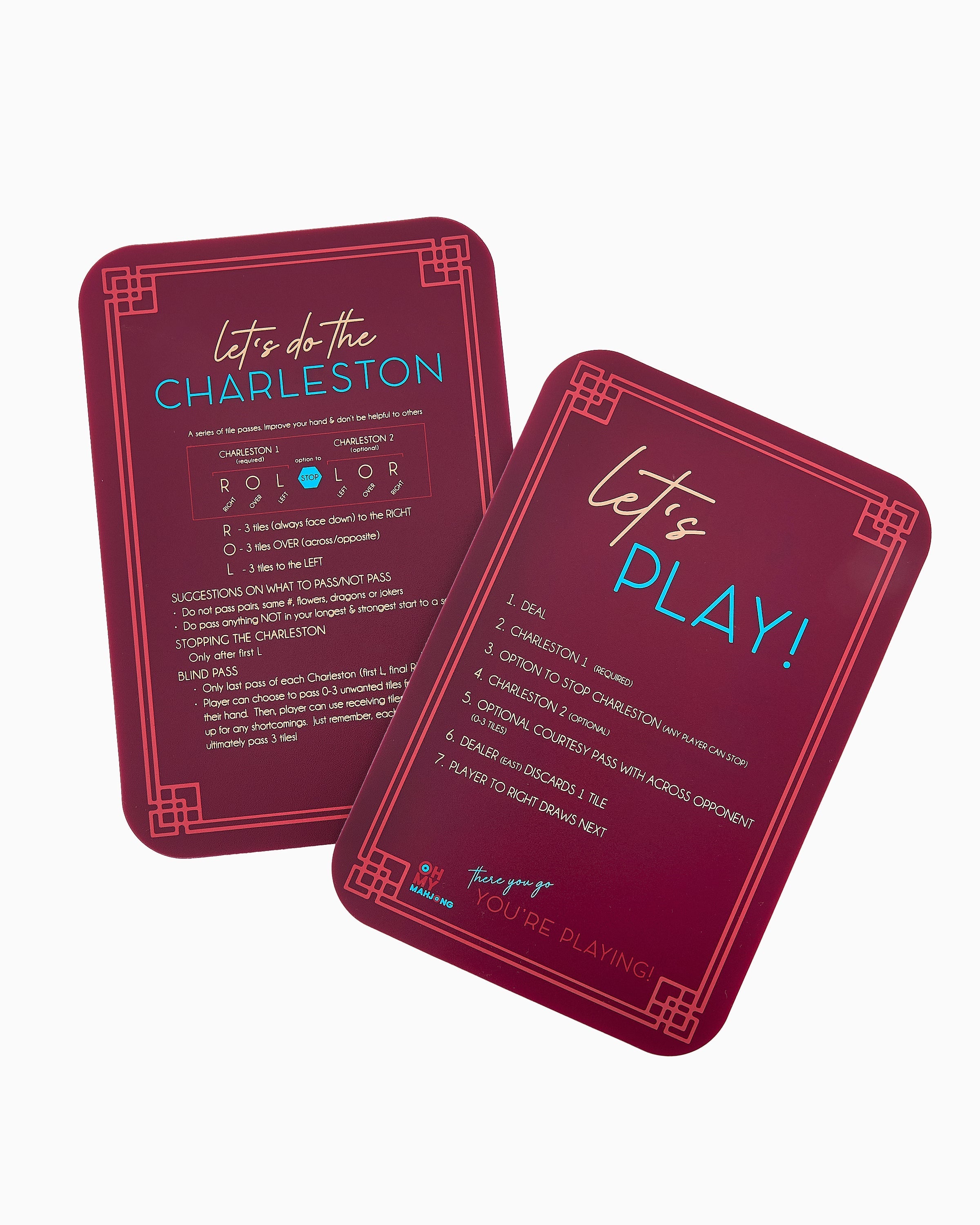 Two red playing cards with text on a white background