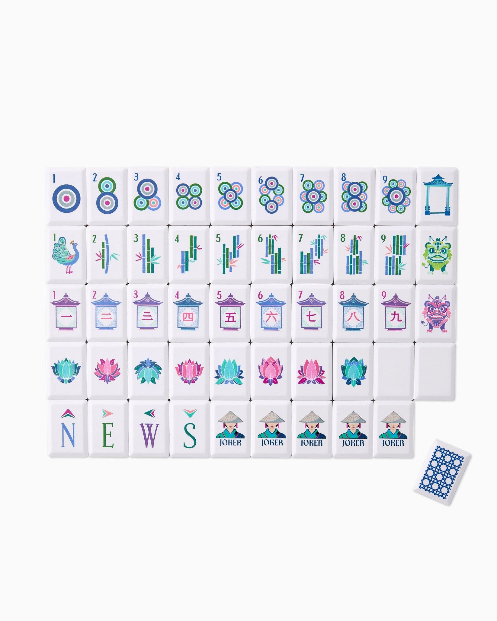 Set of colorful game tiles with various designs on a white background