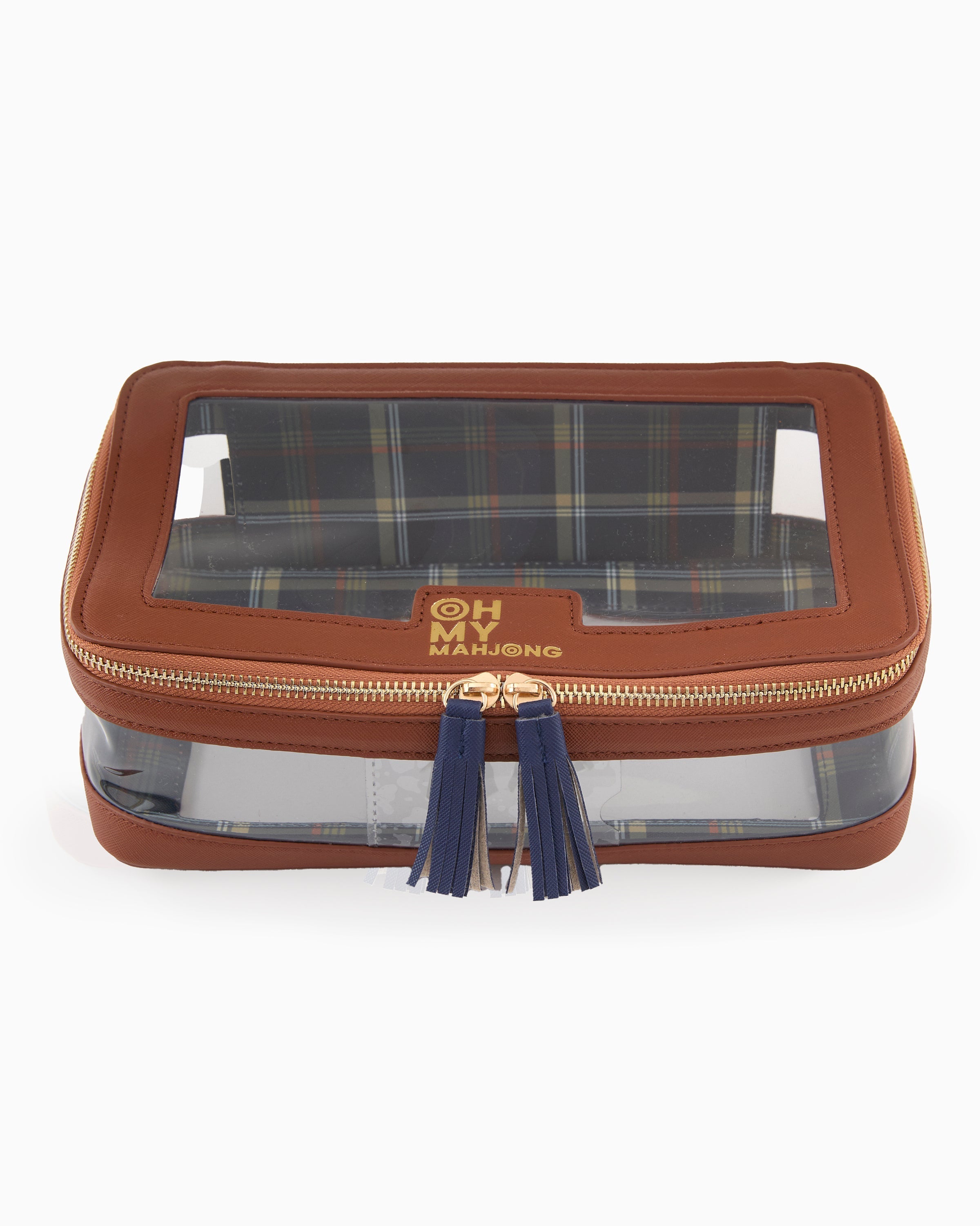 Cosmetic bag with plaid interior and 'Oh My Bag' branding on a white background
