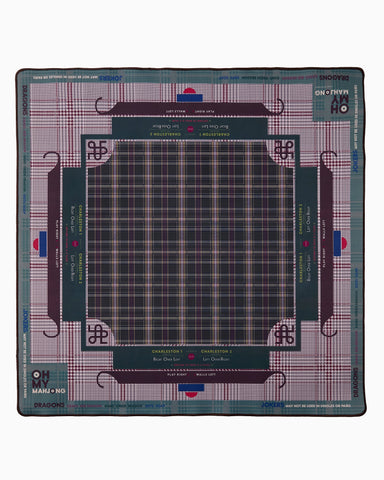 Patterned fabric with grid and design elements on a white background