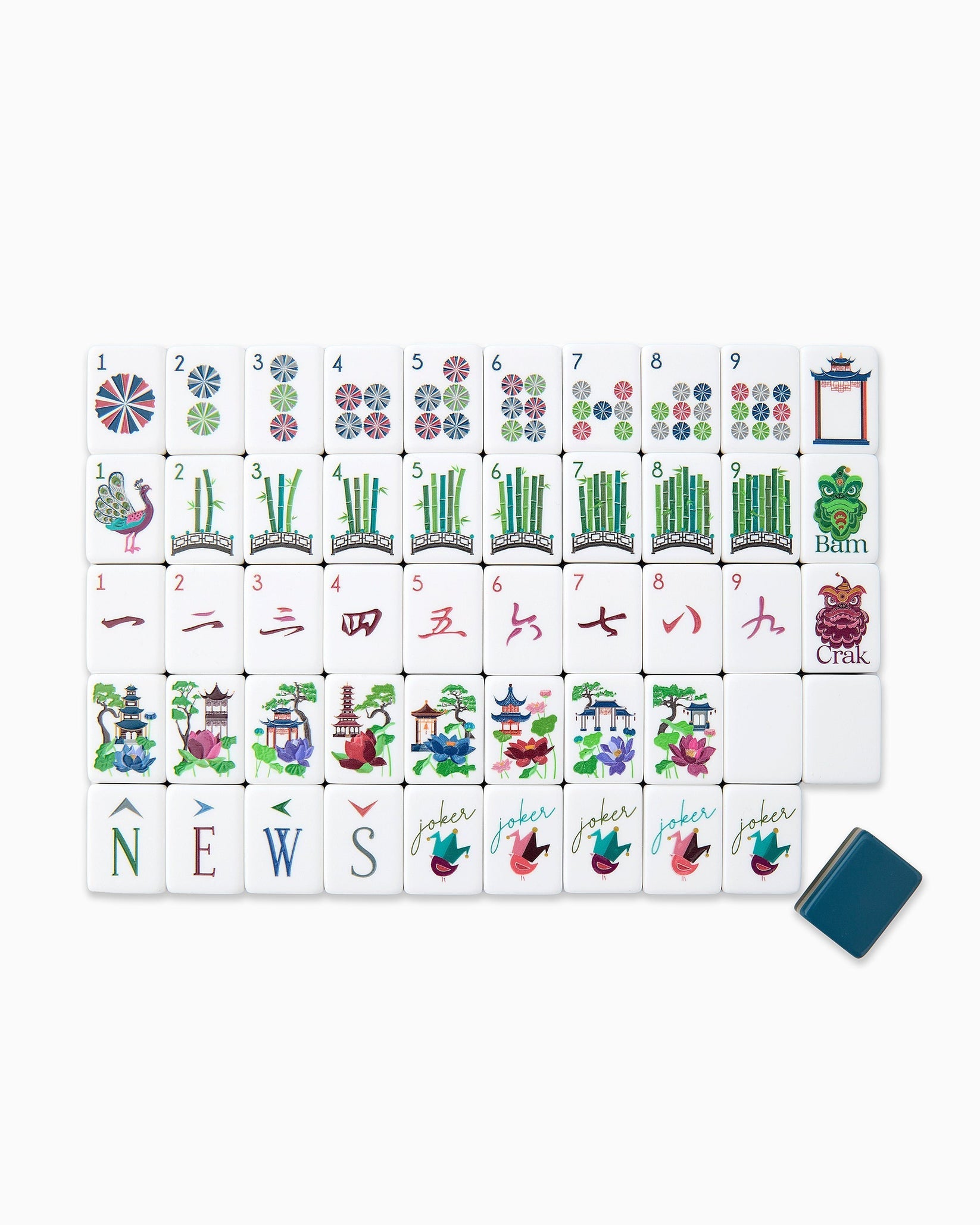 Set of Mahjong tiles with colorful designs on a white background