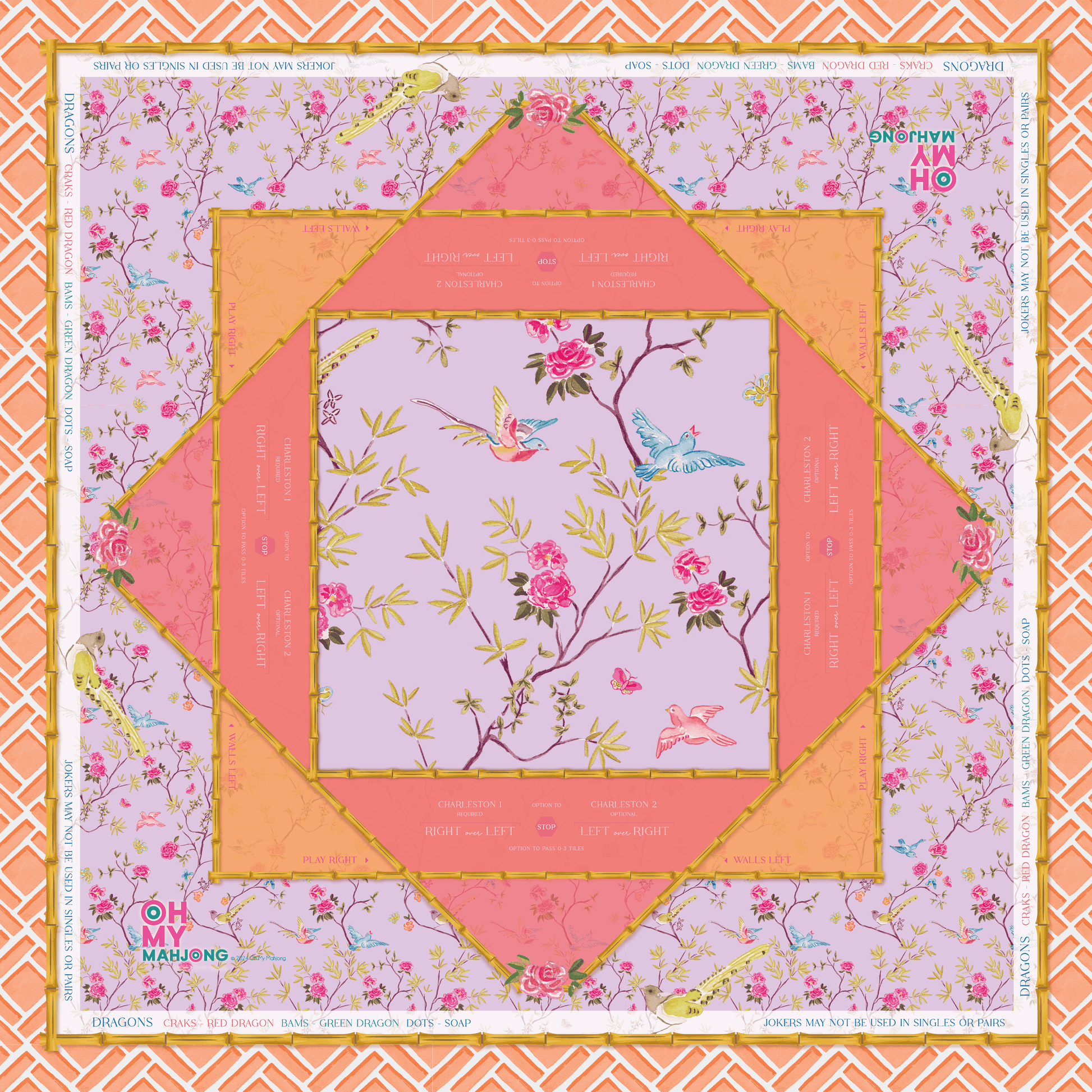 Quilt pattern with floral design and 'Oh My! Manjoung' branding on a pink background