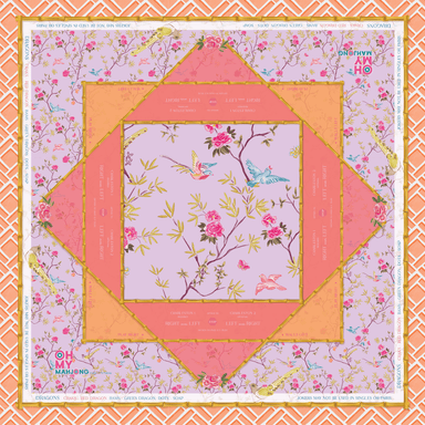 Quilt pattern with floral design and 'Oh My! Manjoung' branding on a pink background
