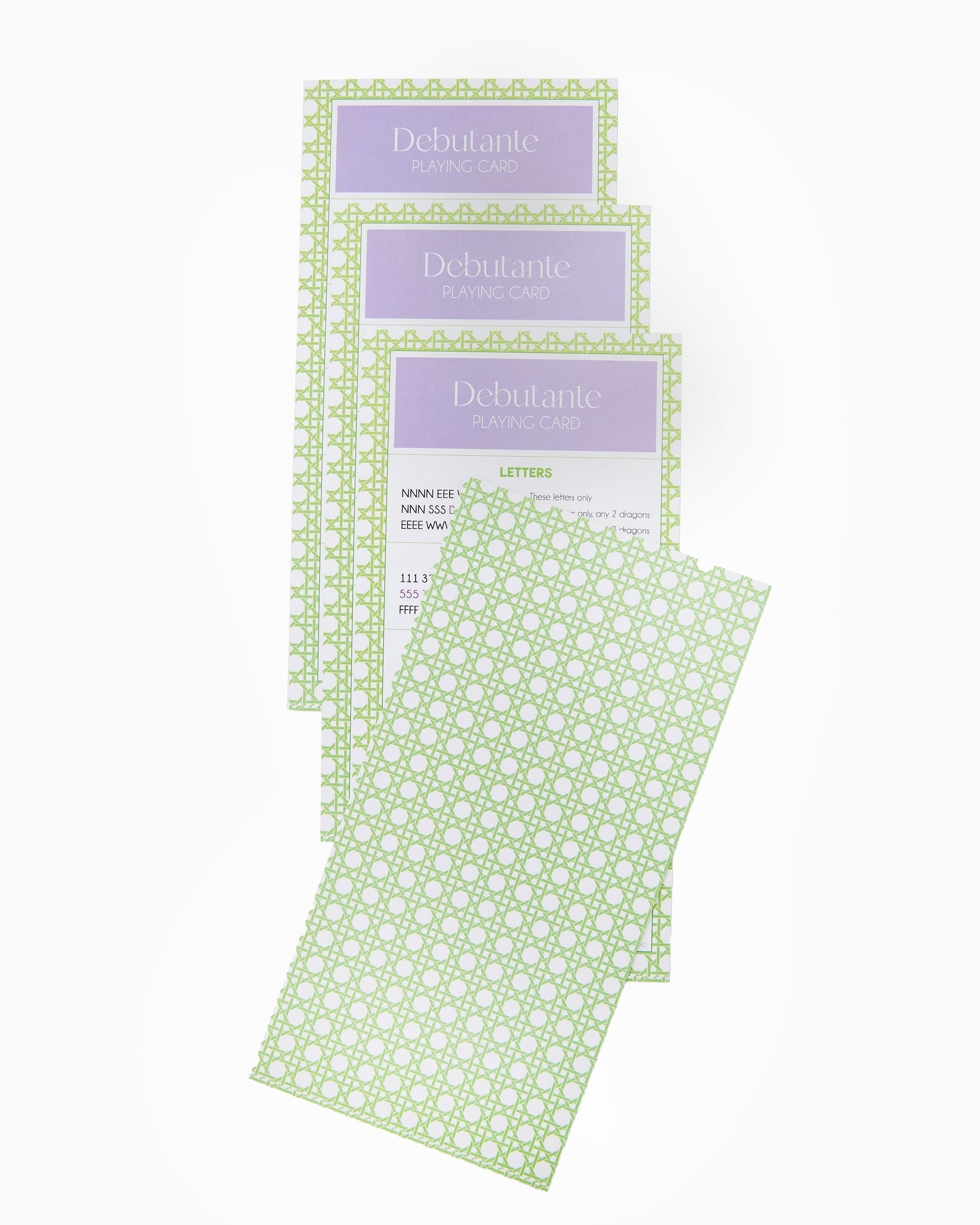 Set of green and white patterned paper with 'Debutante' branding on a white background