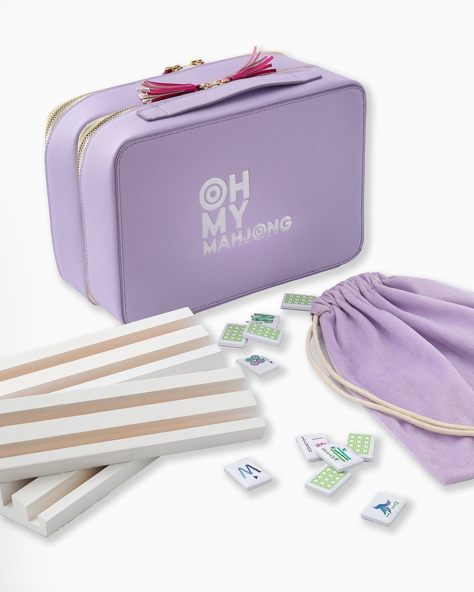 Purple OH MY MAHjong game set with tiles and accessories on a white background