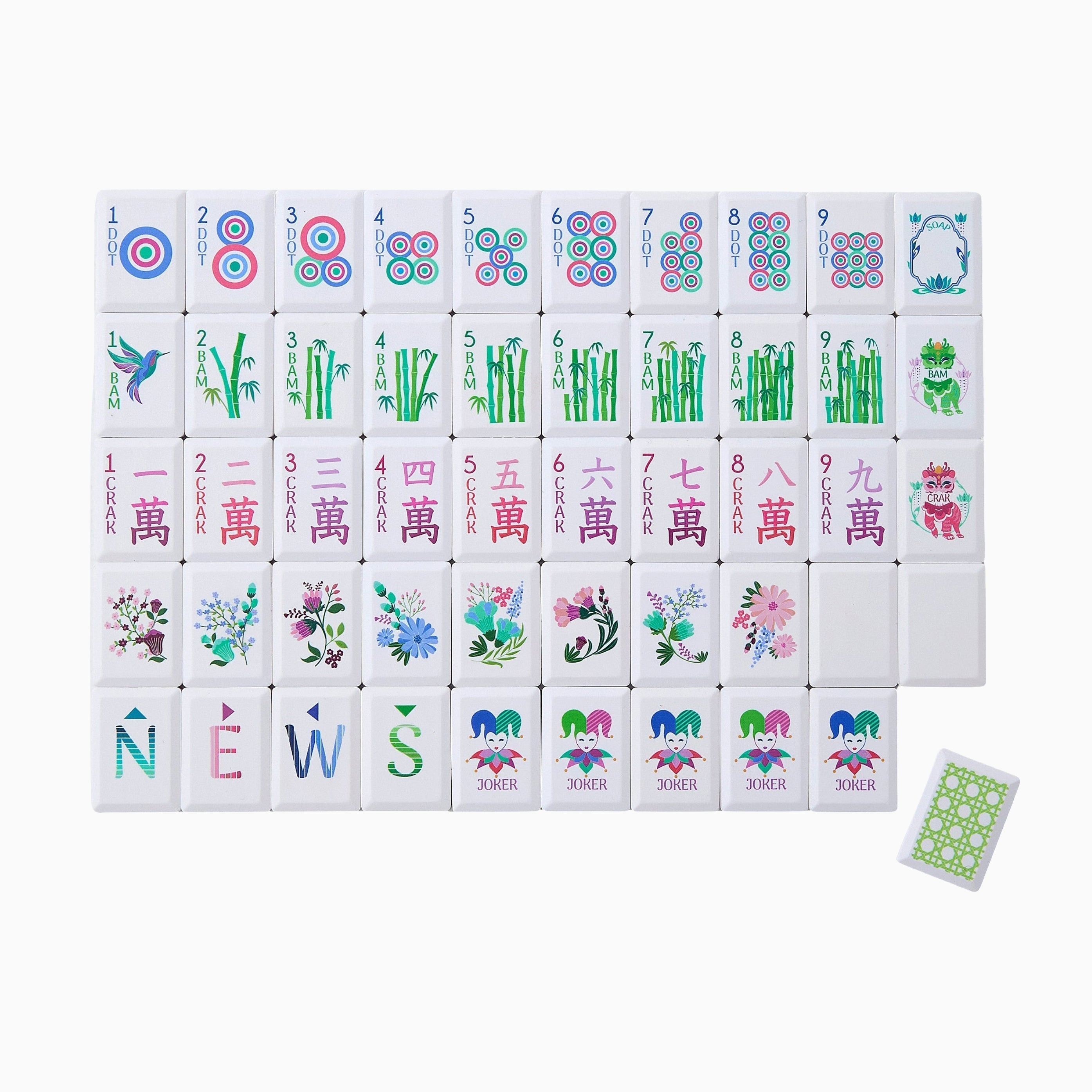 Set of colorful miniature tiles with various designs on a white background