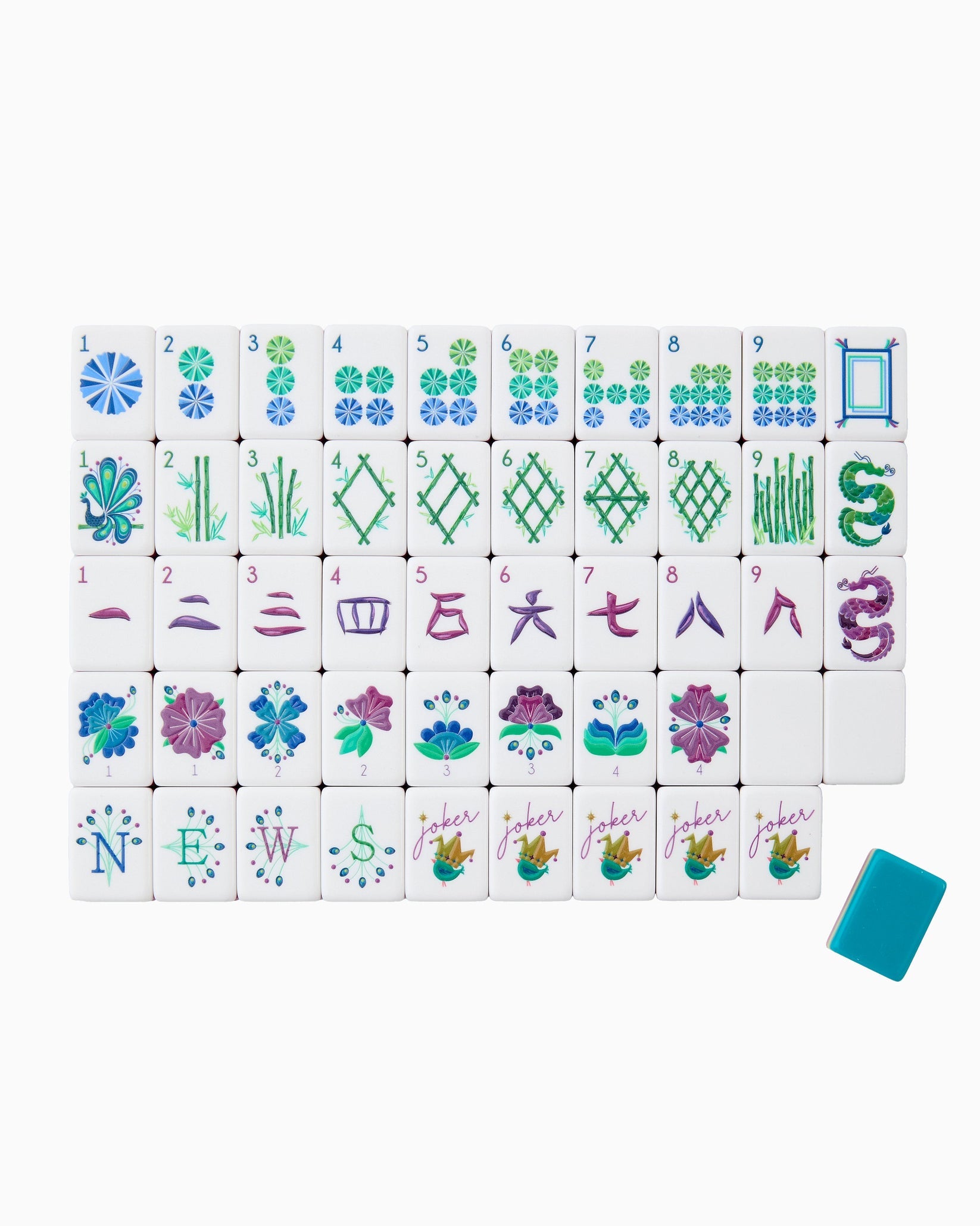 Set of Mahjong tiles with colorful designs on a white background