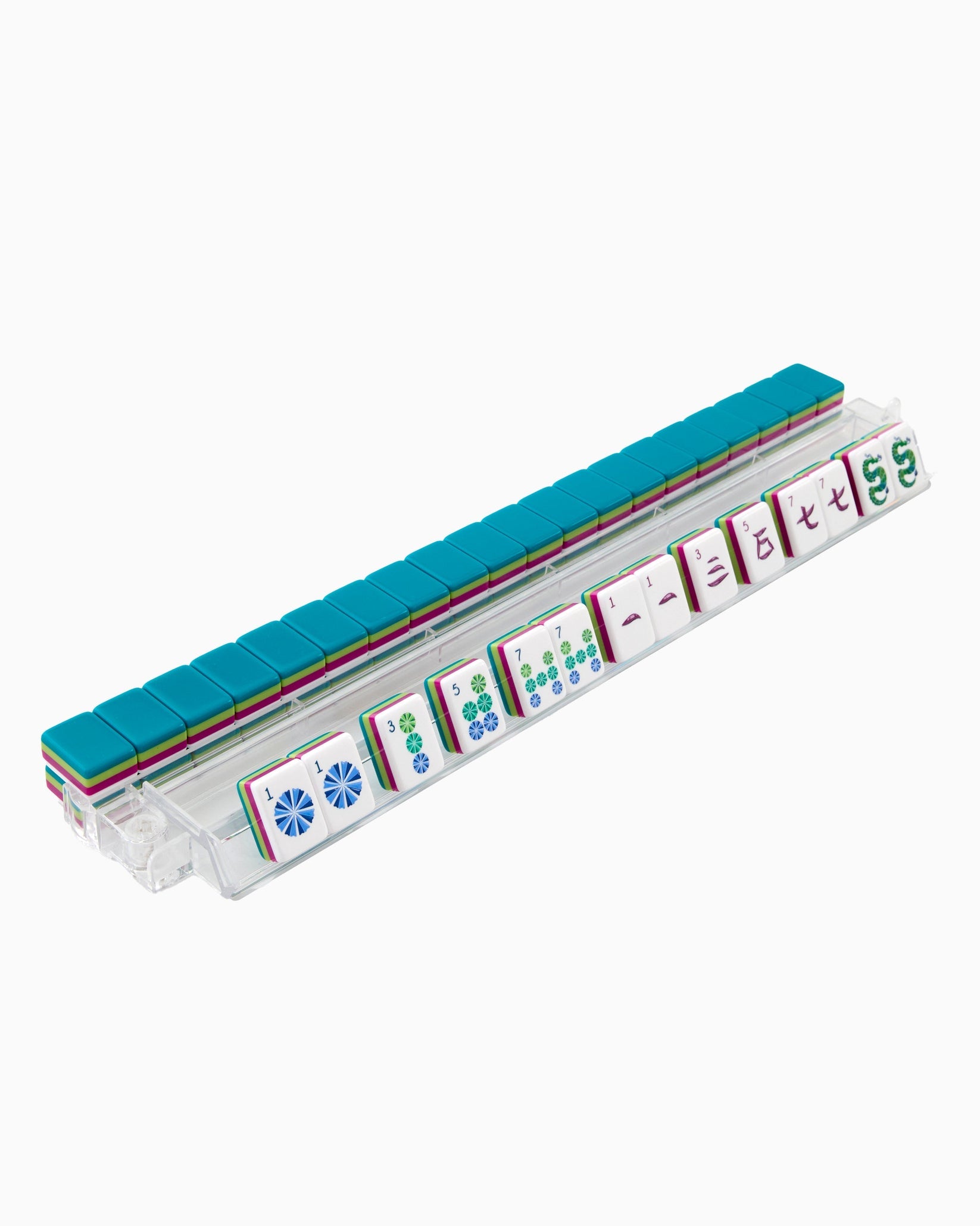 Set of colorful dominoes with blue top piece on a white background