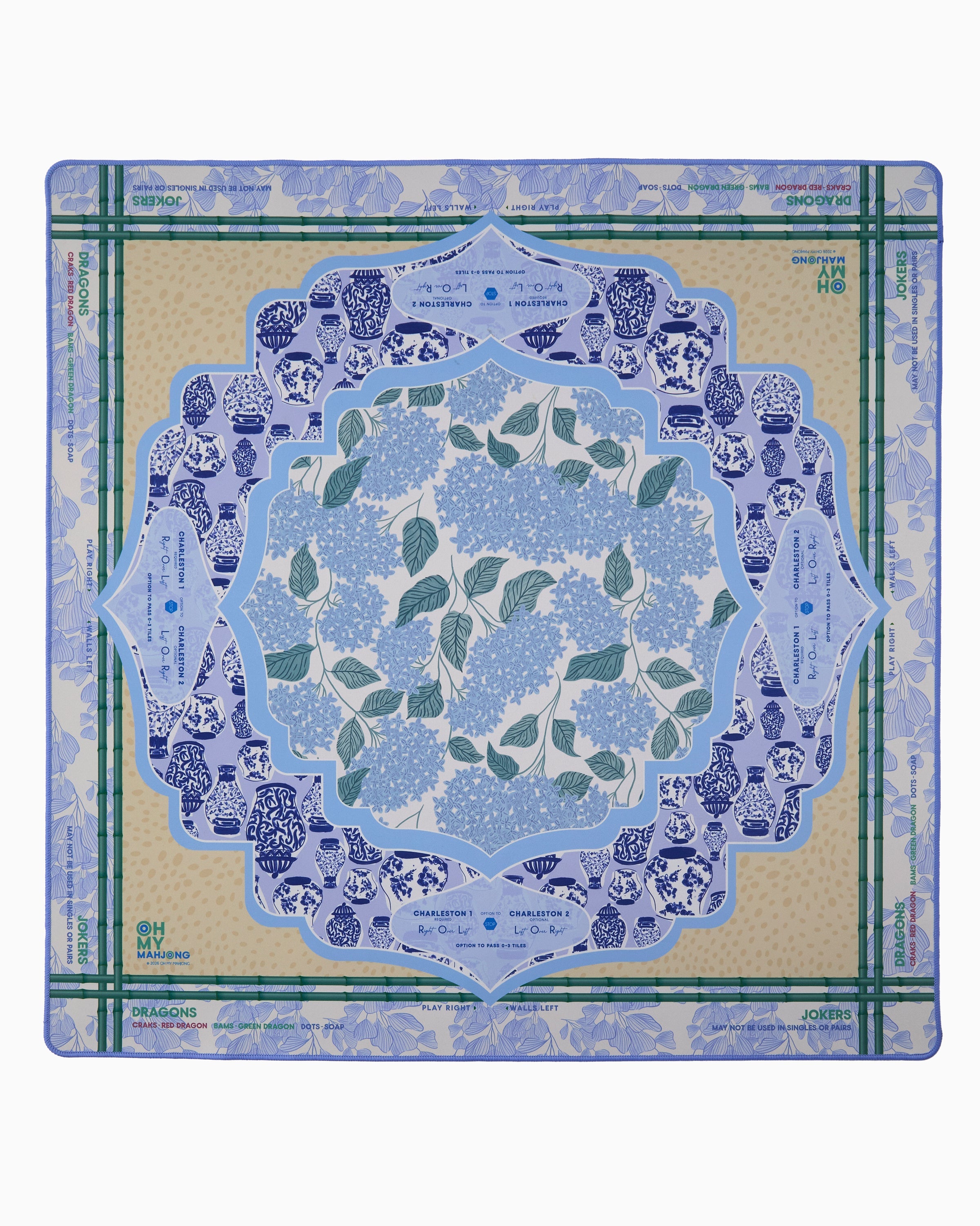 Decorative placemat with blue floral design on a beige background