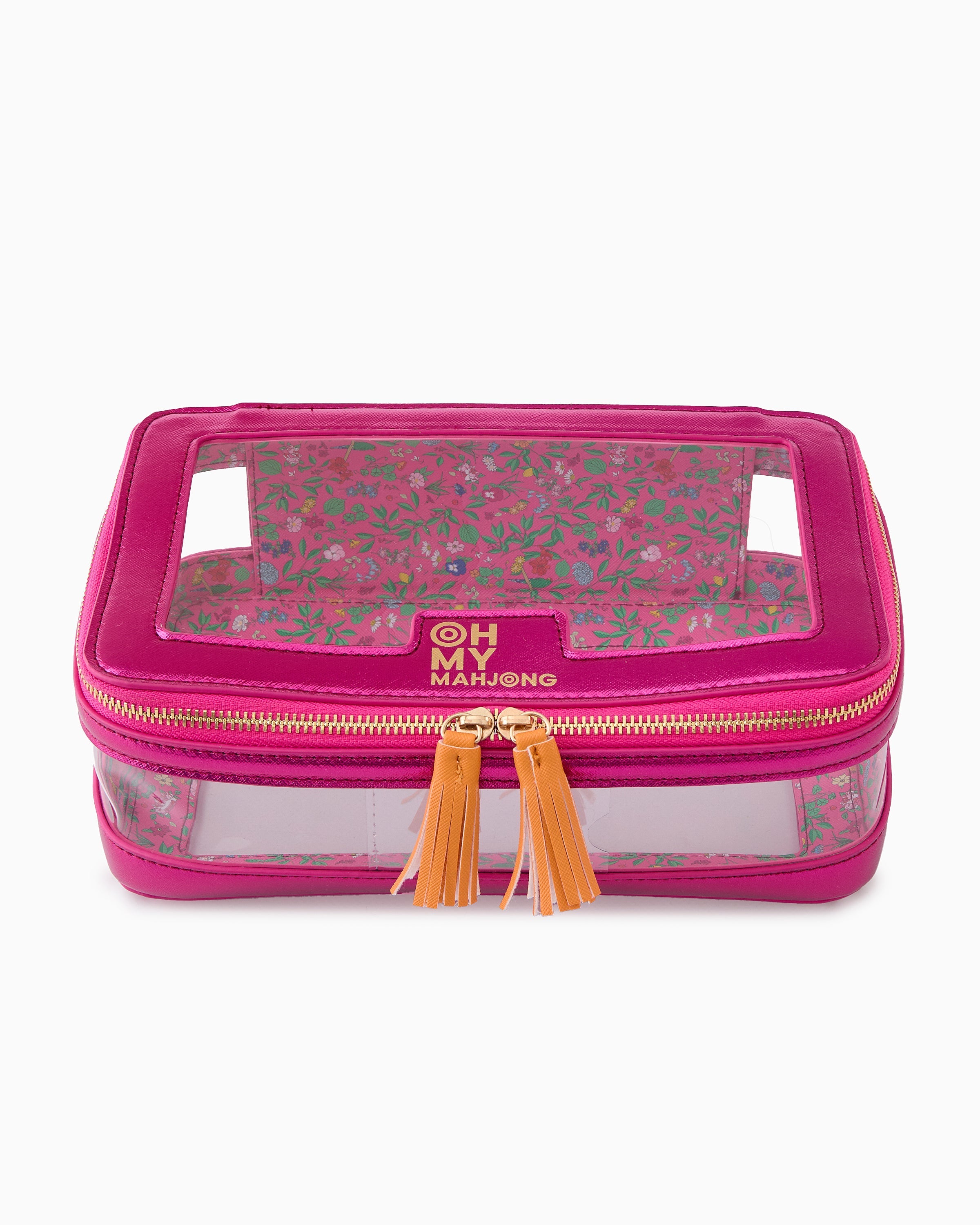 Pink travel case with clear front panel and 'OH MY MAHJONG' branding on a white background