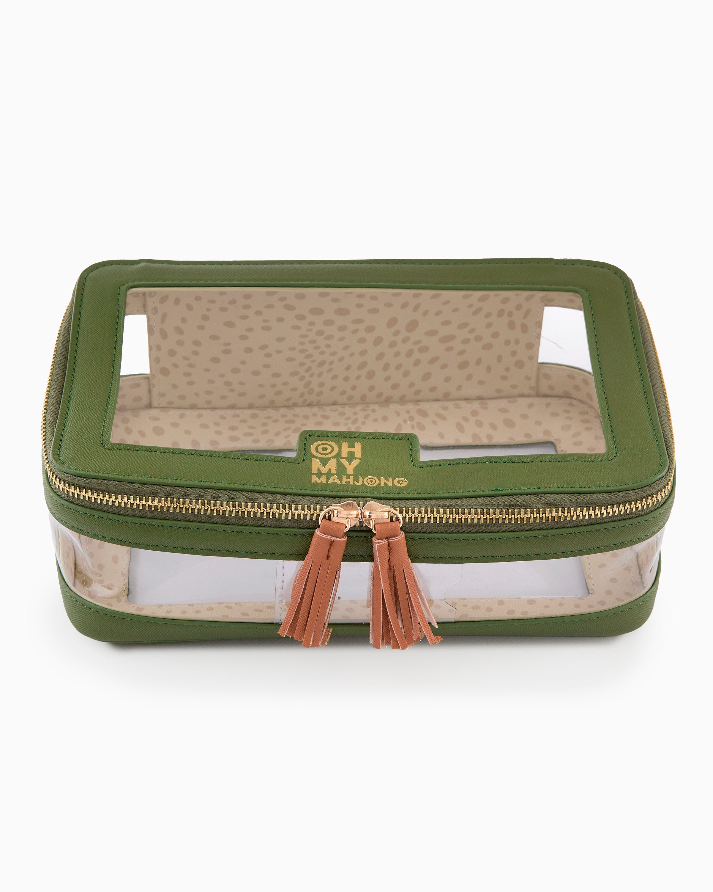 Green jewelry box with tassels on a white background