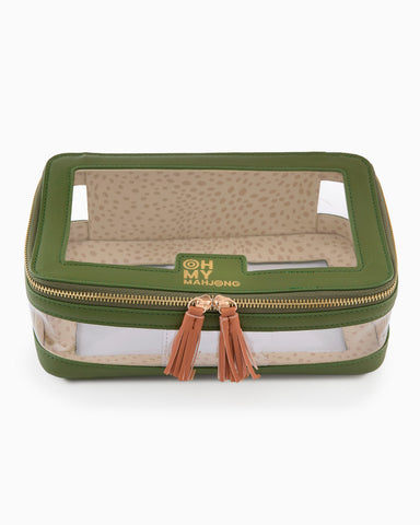 Green jewelry box with tassels on a white background