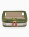Green jewelry box with tassels on a white background