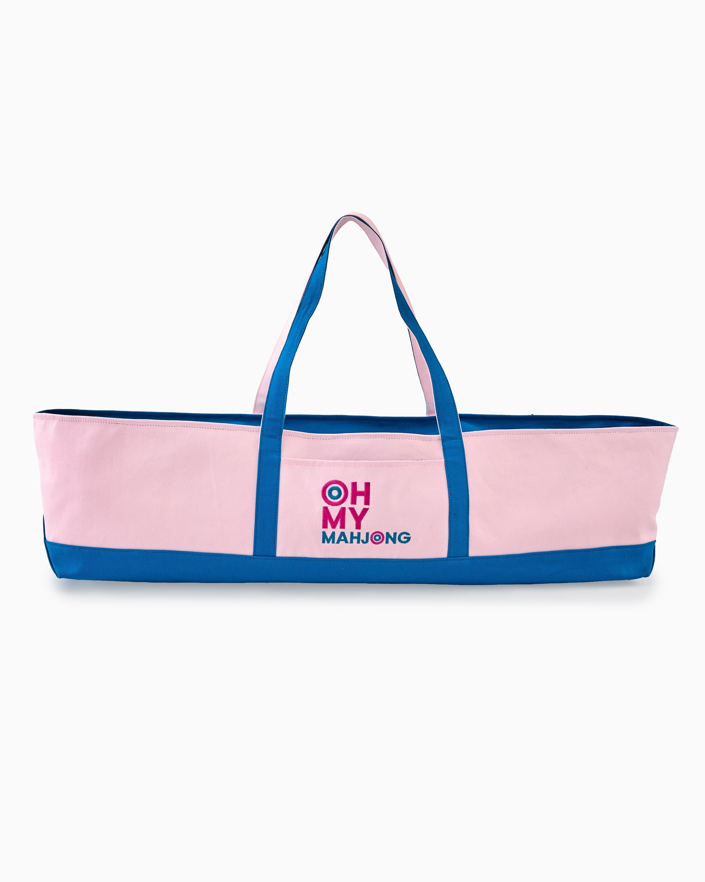 Pink and blue bag with 'Oh My Mahjong' text on a white background