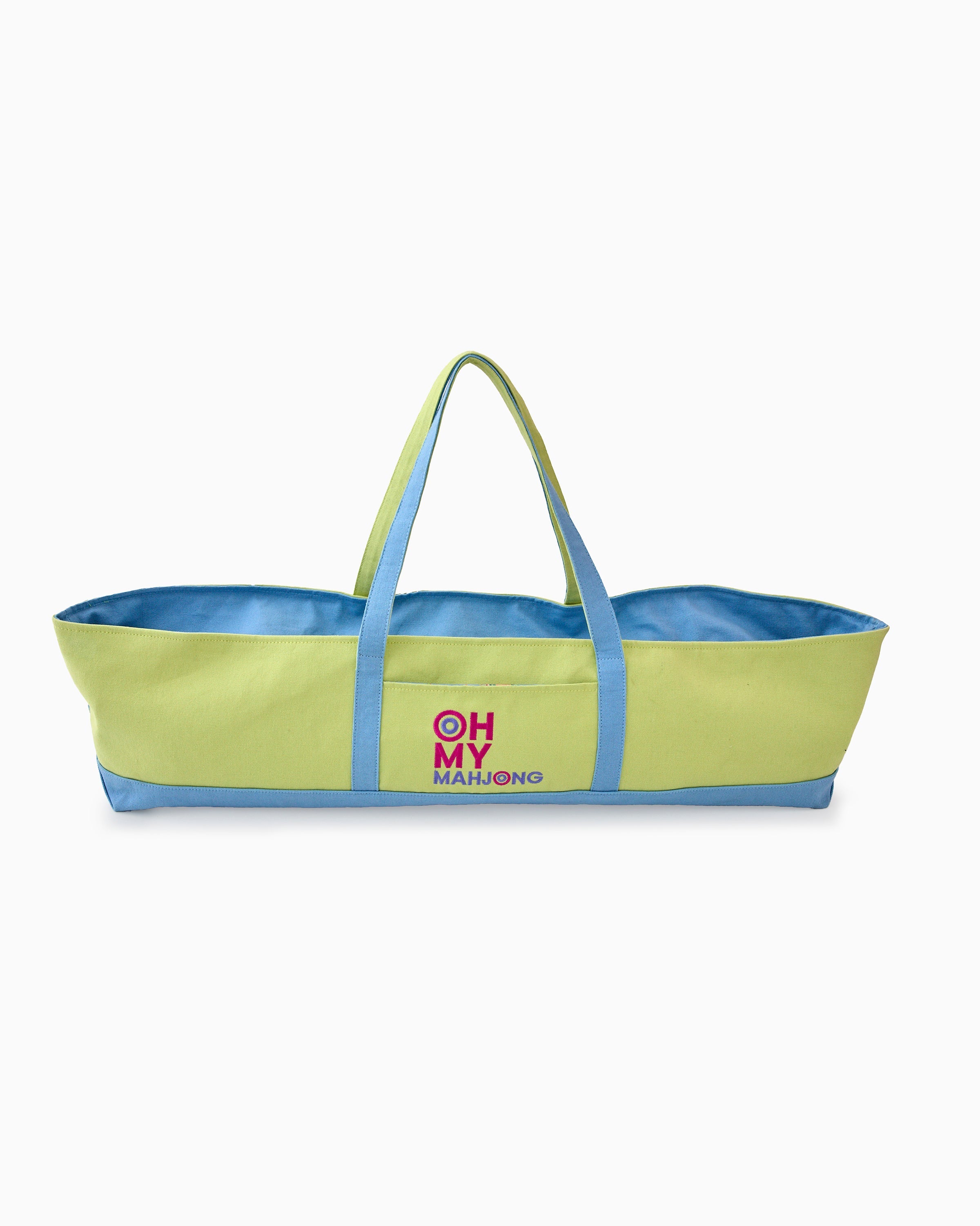 Green and blue tote bag with 'Oh My Marigold' branding on a white background