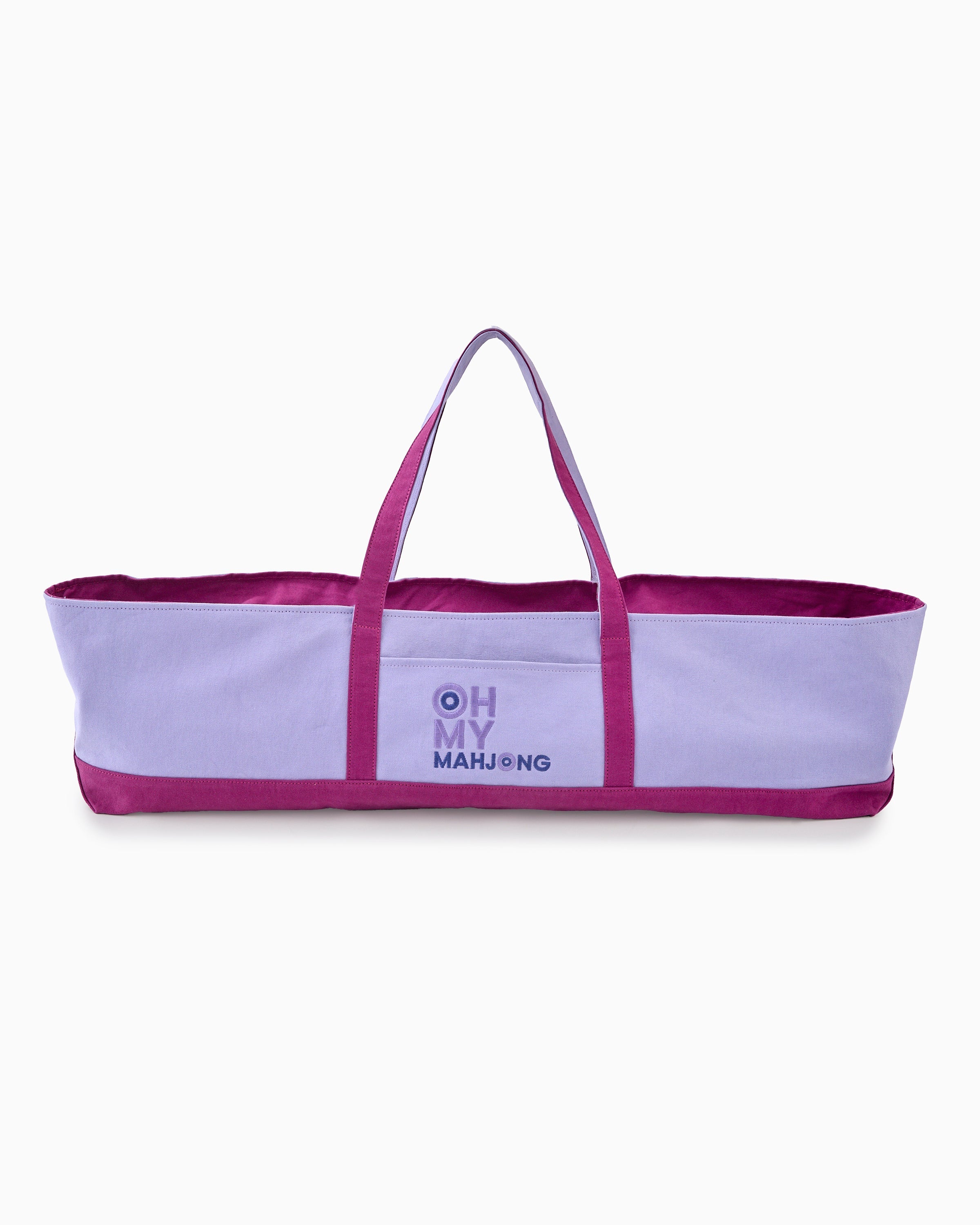 Purple and white tote bag with 'Oh My Mahjong' branding on a white background