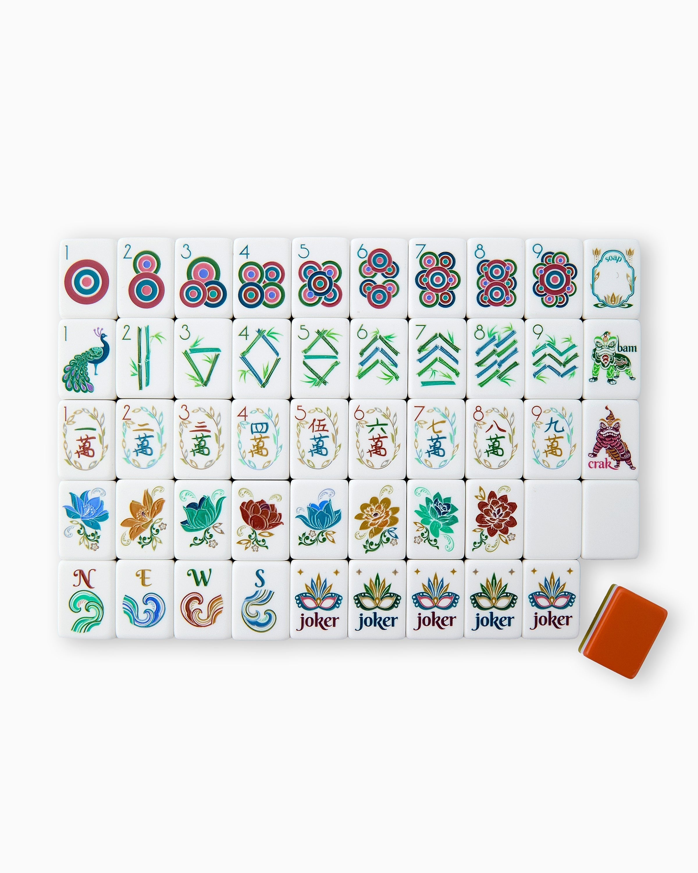 Set of colorful Mahjong tiles with jokers on a white background