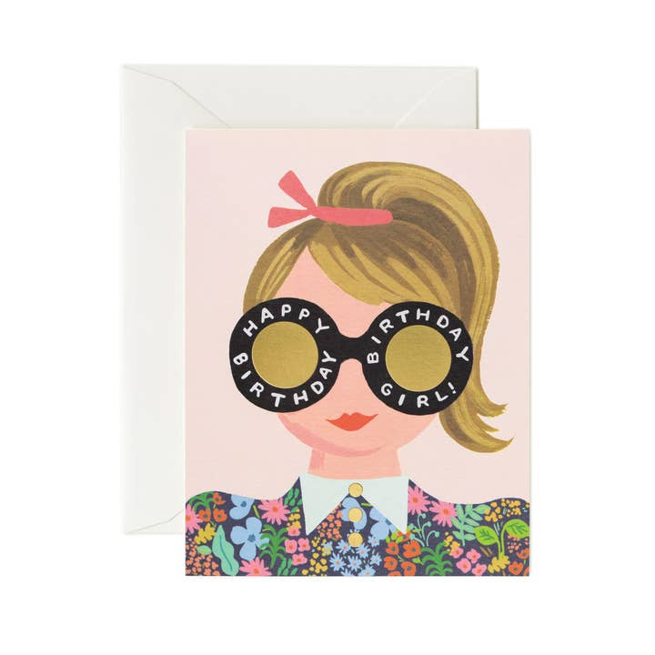Greeting card with a design of a girl wearing sunglasses with 'Happy Birthday Girl!' text, on a pink background.