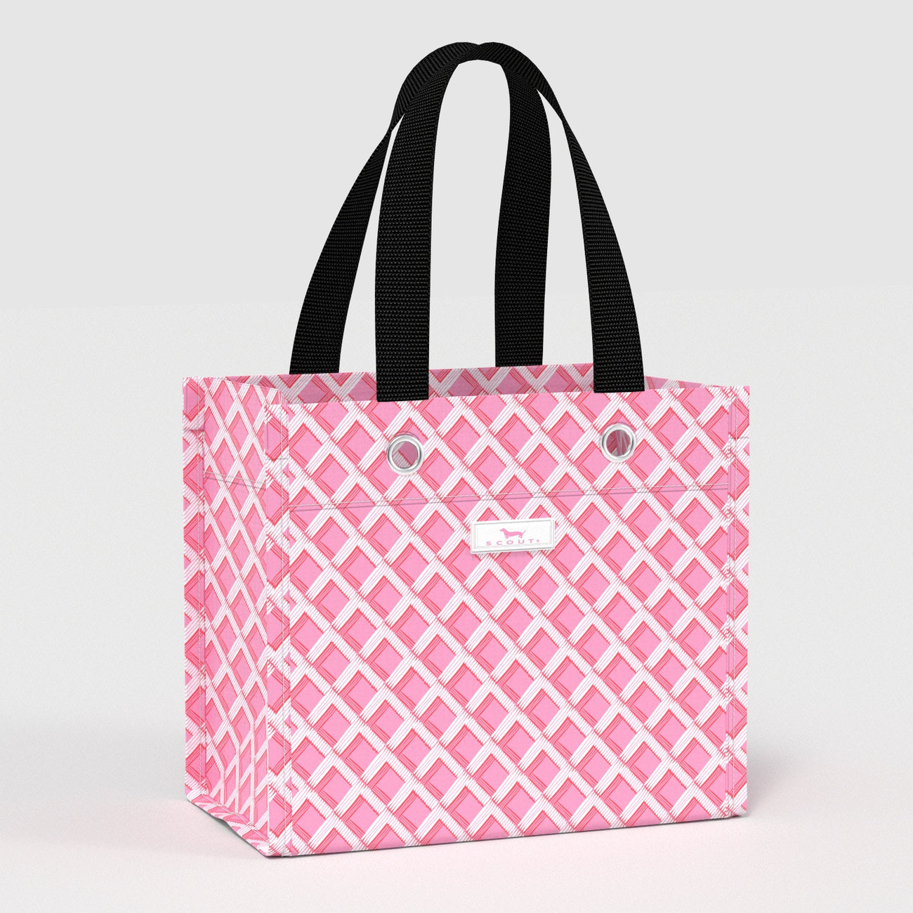 Pink lattice-patterned tote bag with black handles on a light gray background