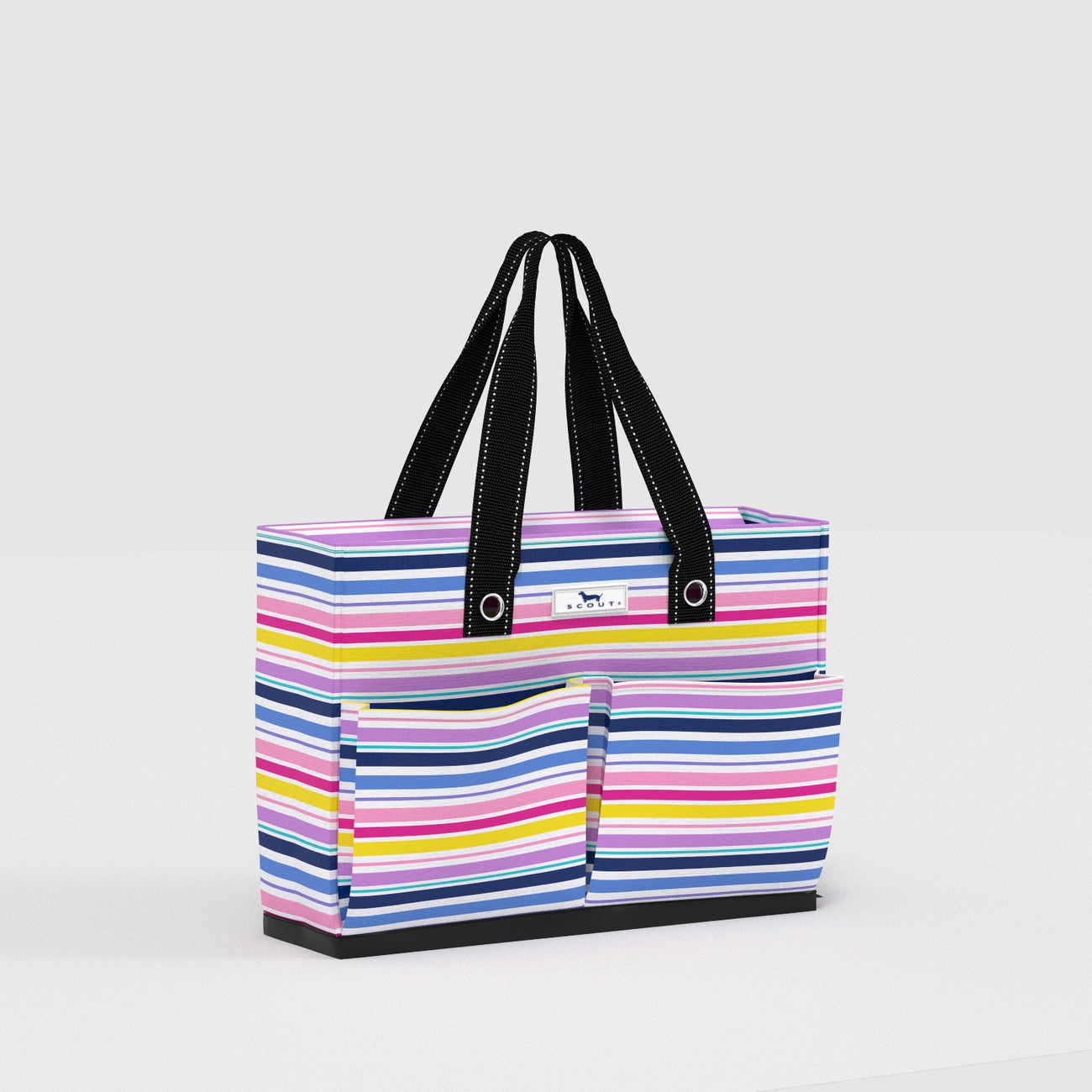 Striped tote bag with black handles on a light gray background