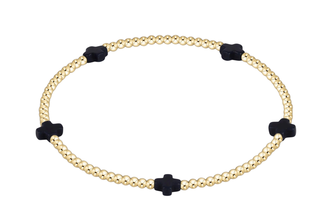 eGirl Signature Cross Small Gold Pattern 2mm Bead Bracelet - Navy