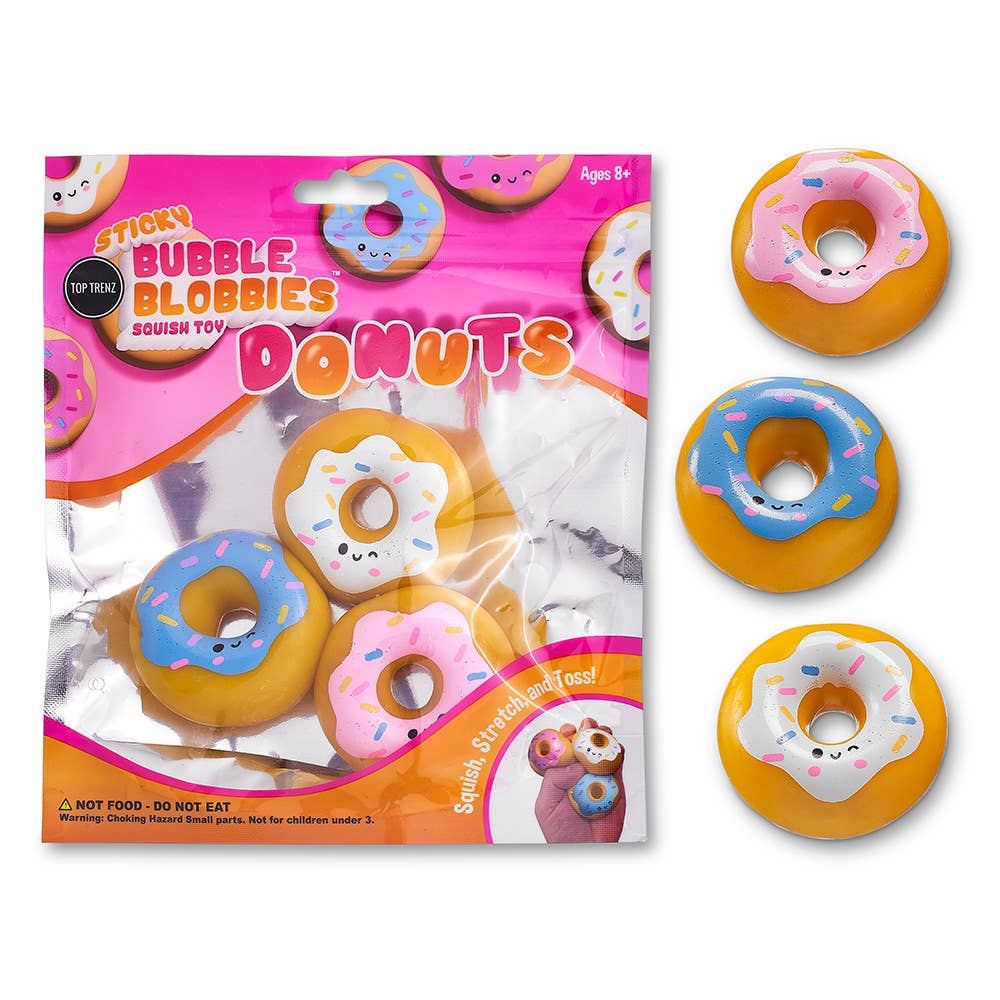 Packaging of Bubble Blobbies Donuts toys with toys displayed on a white background