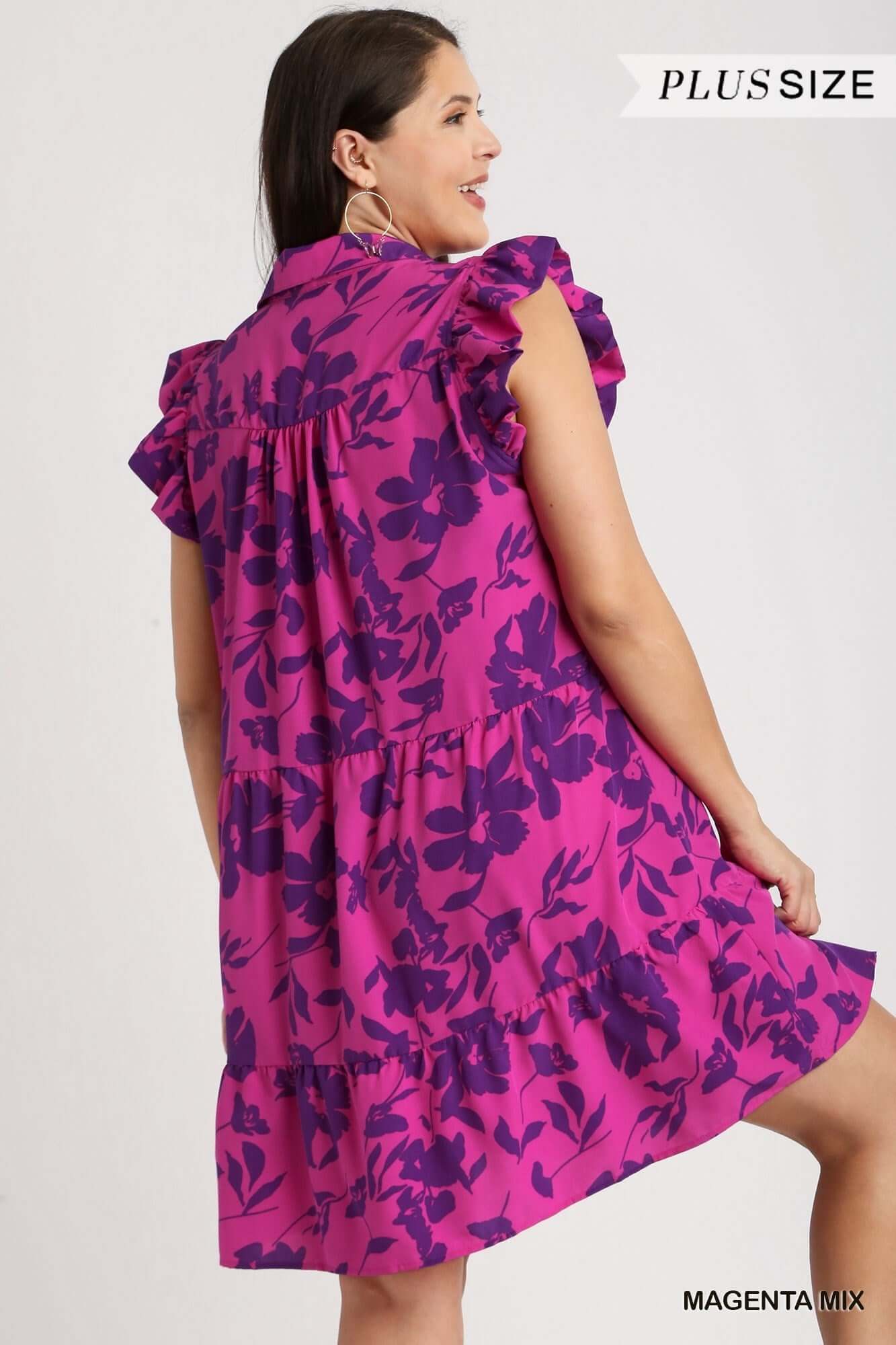 Umgee Floral Print Collared Tiered Dress