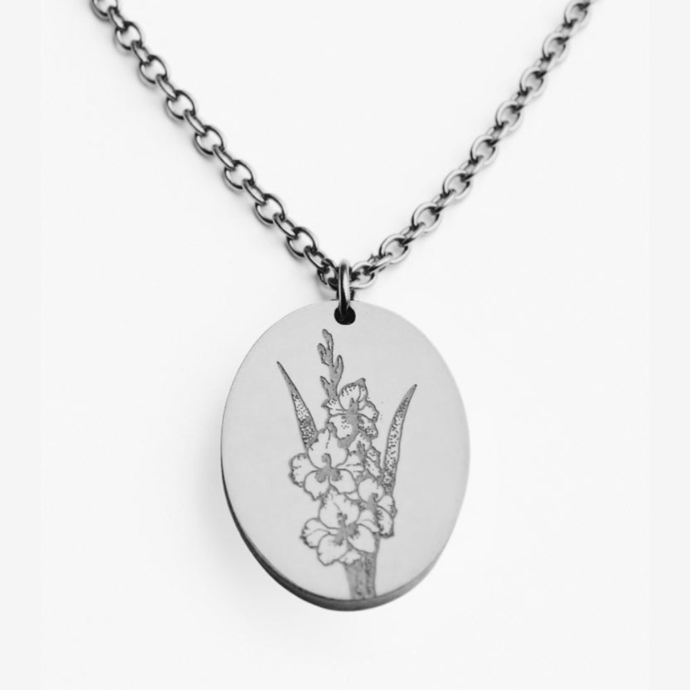 Silver Birth Flower Necklace - August Gladiolus