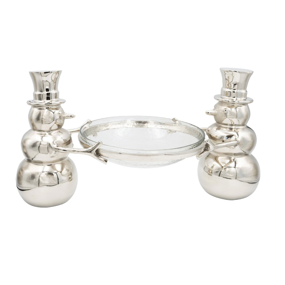 Cast Aluminum Snowmen Holding Hammered Glass Bowl, Set of 2