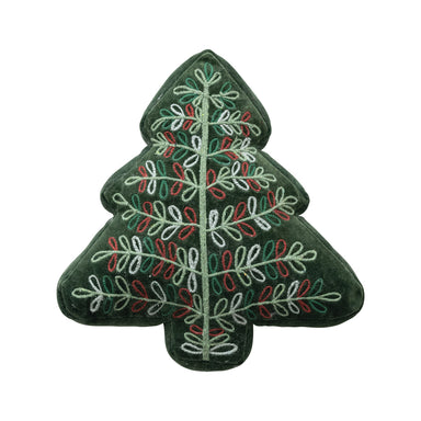 A green velvet Christmas tree-shaped pillow with embroidered red and white patterns.