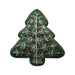 A green velvet Christmas tree-shaped pillow with embroidered red and white patterns.