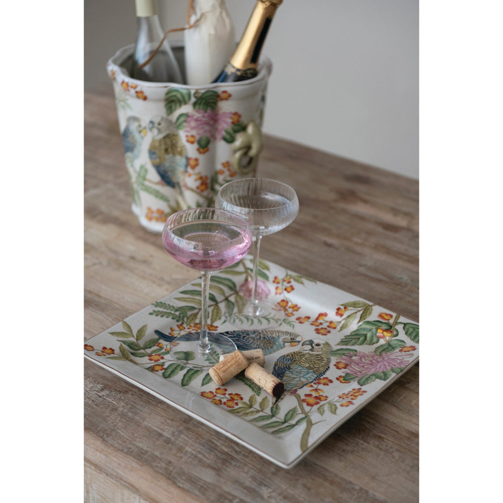 Decorative Stoneware Dish with Parakeets