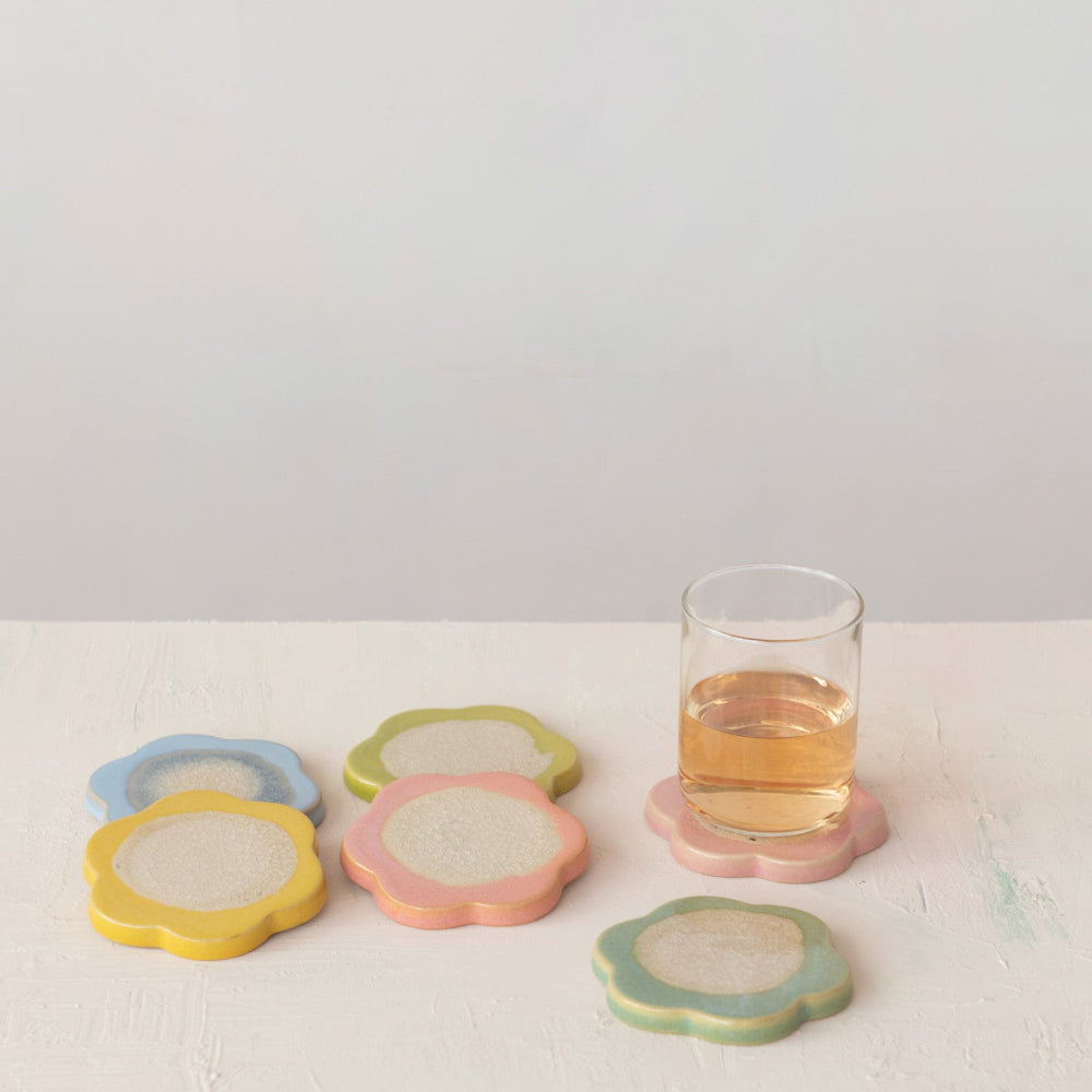 Stoneware Flower Shaped Trivet, Reactive Crackle Glaze 6 Colors