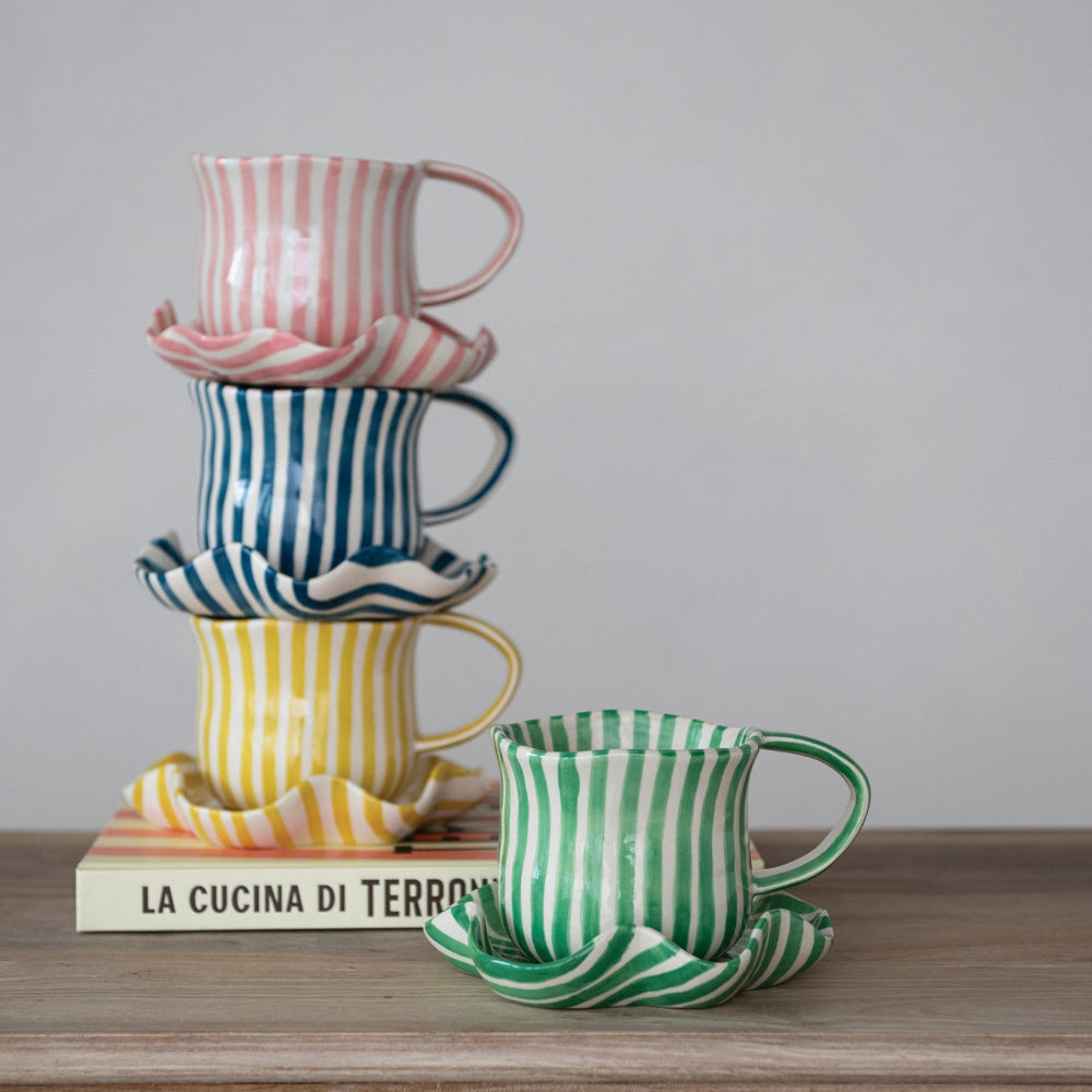 14 oz. Hand-Painted Mug with Ruffled Saucer, Set of 2, 4 Colors