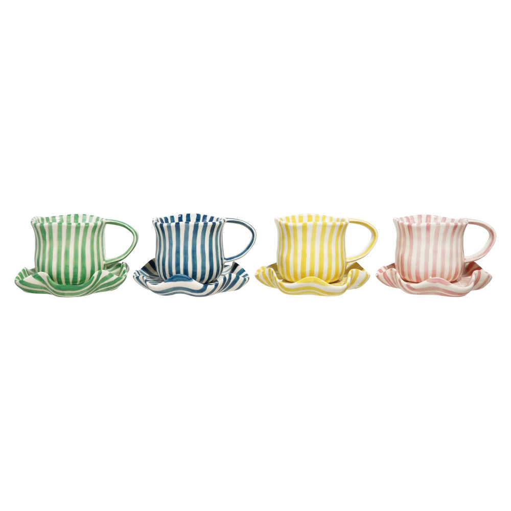 14 oz. Hand-Painted Mug with Ruffled Saucer, Set of 2, 4 Colors