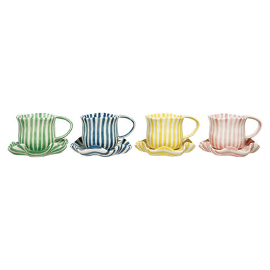 14 oz. Hand-Painted Mug with Ruffled Saucer, Set of 2, 4 Colors