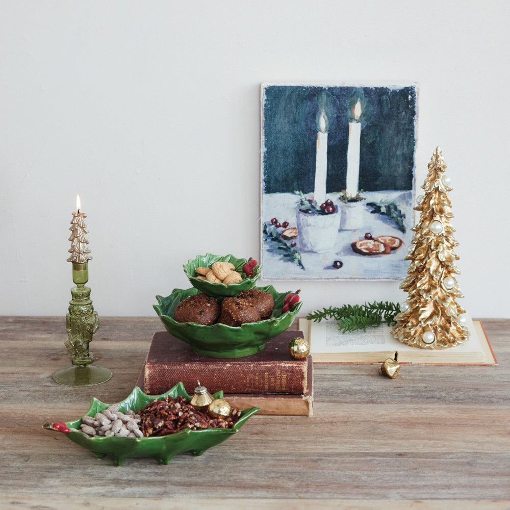 Hand-Painted Holly Leaf Shaped Footed Tray with Berries, Green & Red