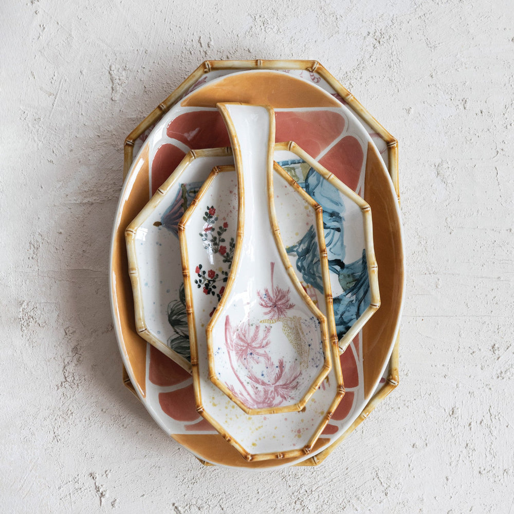 Hand-Painted Stoneware Octagon Shaped Plate with House