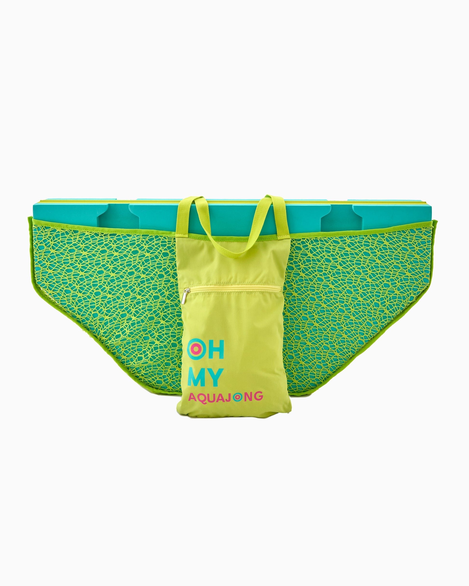 Green mesh bag with blue top and yellow pocket labeled 'OH MY AQUAJONG' on a white background